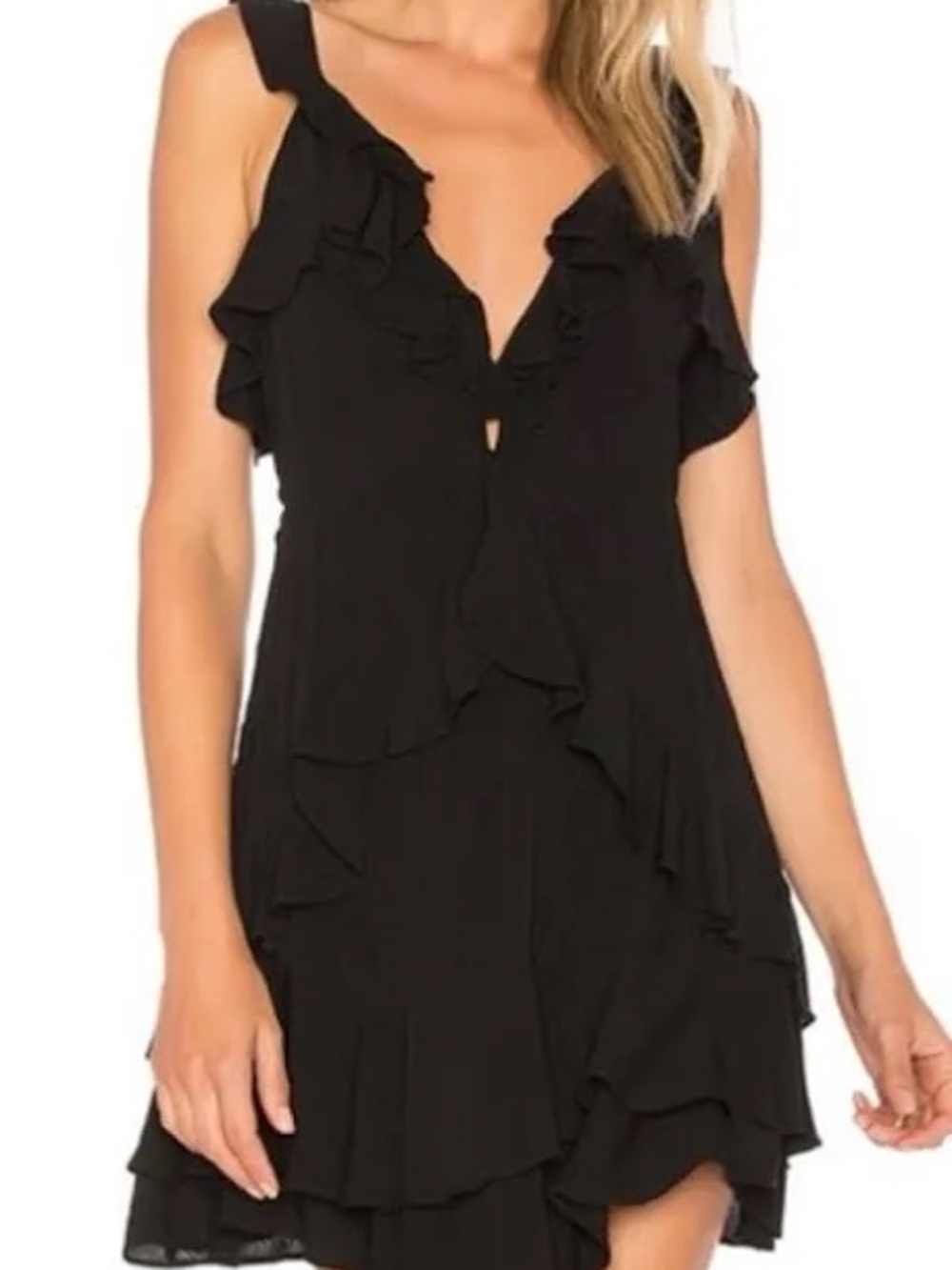 For Love & Lemons Black Ruffle V-Neck Mini Dress